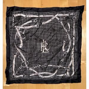 Lauren Ralph Lauren Black White Ribbon Equestrian Horsebit Strap Scarf Silk 21”